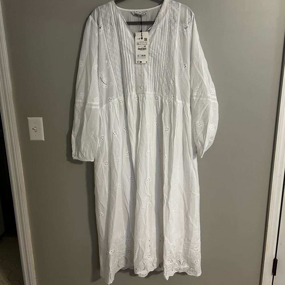 Zara White Long Sleeve Sundress with Bishop Sleeves